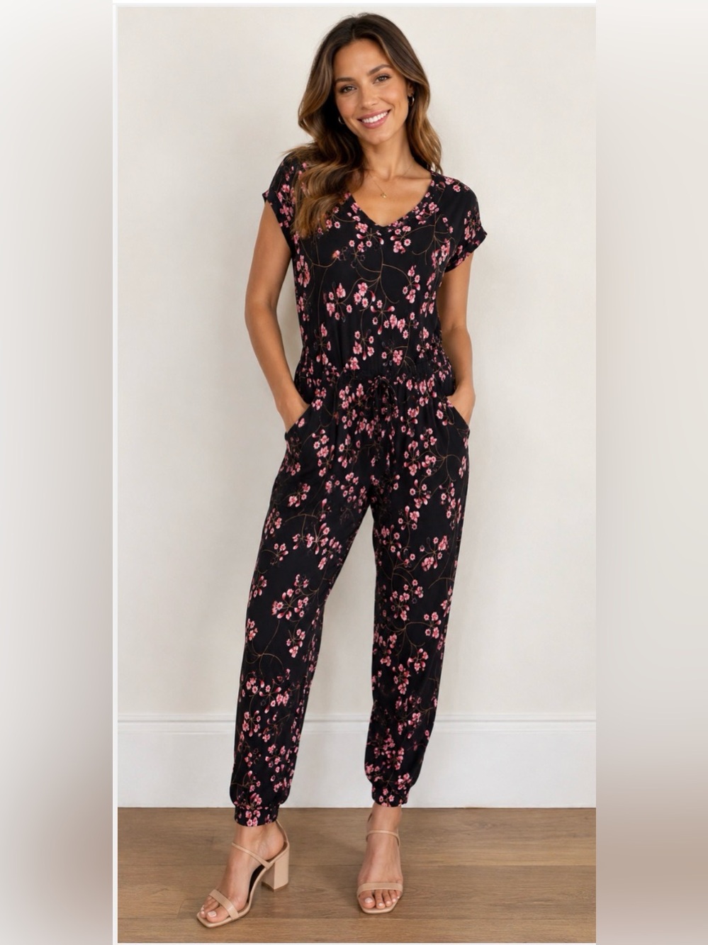 Taylor Black Jumpsuit with Pink Floral Print